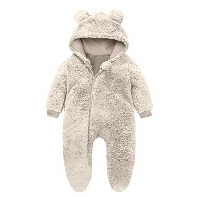 AherBiu Infant Rompers Fleece Hooded Jumpsuits Zip up Bodysuits Fall Winter Solid Color Warm Fuzzy Newborn Baby Clothes Sets