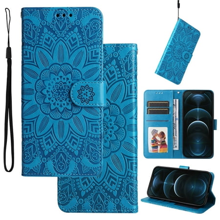 Case for iPhone 12 Mini,Premium PU Leather Magnetic Flip Wallet Case with Card Holder Cash Slot Lanyard Strap Kickstand Embossed Mandala Flower Pattern Cover For iPhone 12 Mini, Blue