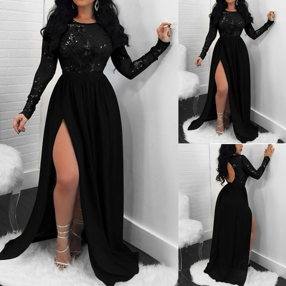 Njagoc3 Womens Long Sleeve Side - Slit Maxi Dress, Solid Color, Formal Evening & Date Night Outfit
