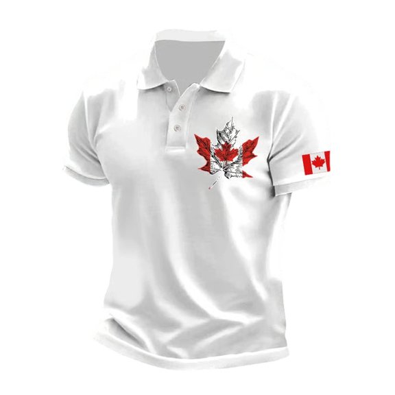 Telankuip Polo Shirts for Men Fashion Canadian Flag Pattern Lapel Button Short Sleeve Tops Casual Summer Beach Travel T Shirts Plus Size for Outdoor Activities and Daily Wear White XL