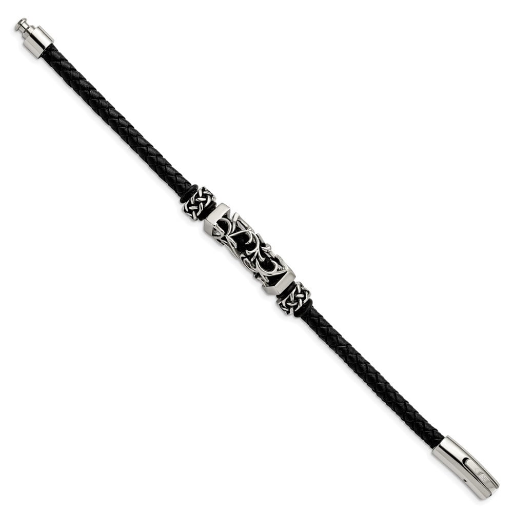 Diamond2Deal Stainless Steel Polished with Antiqued Beads Braided Black Leather Bracelet for Men 8.25"