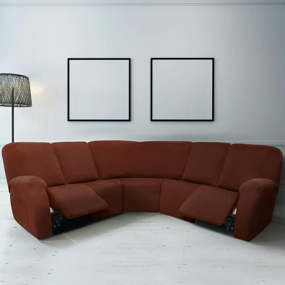 7 Pcs L Shape Sectional Recliner Sofa Covers 5 Seat Sectional Couch Covers Milk Silk Velvet Stretch Reclining Sofa Slipcover Furniture Protector for Living Room(Coffee Brown,Milk Silk)