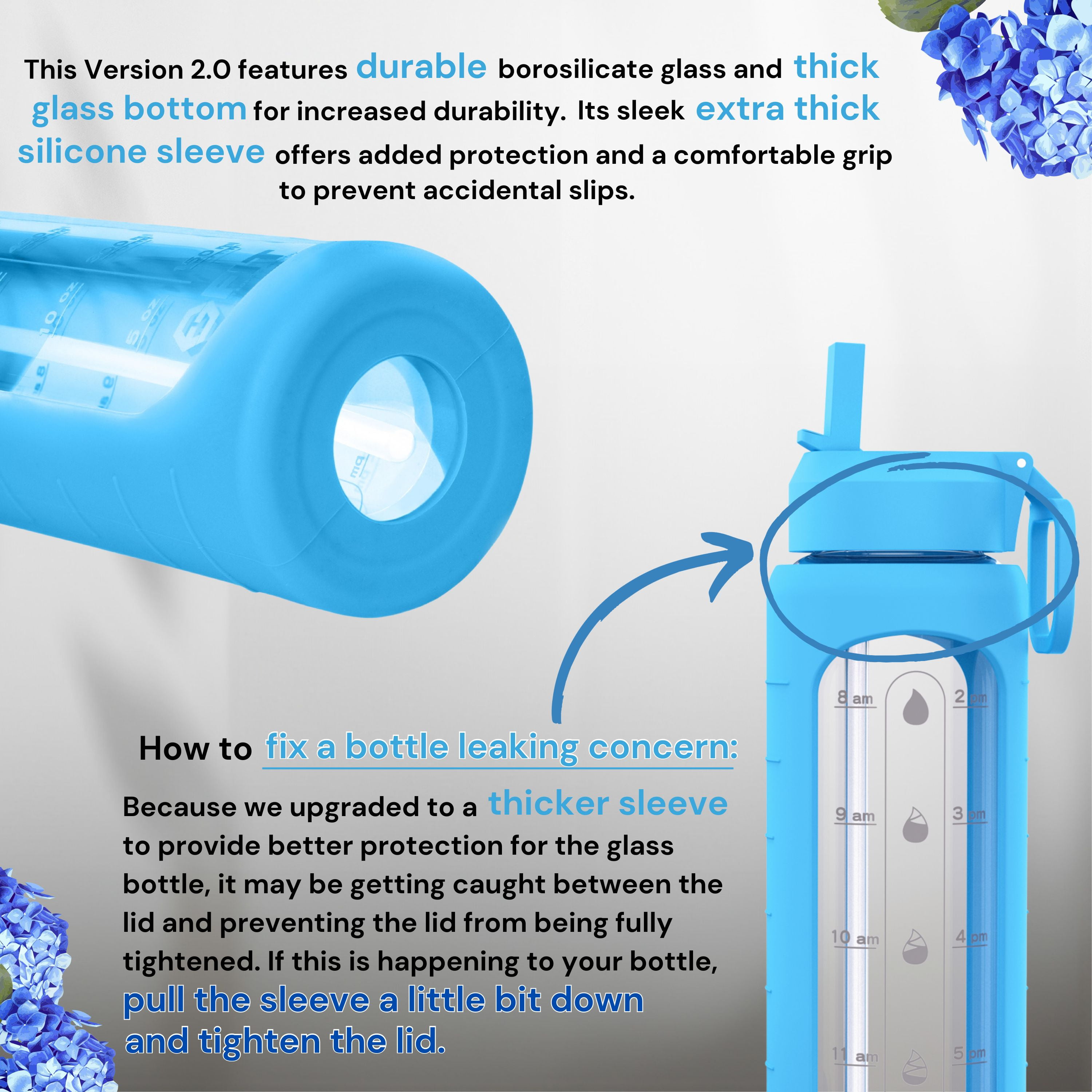 GIEMIT Glass Water Bottles 32oz with Silicone Sleeve Drinking Hydration  Bottles Reusable BPA Free Borosilicate Wide Mouth Motivational Water Bottles  with Daily Time Marker Spout Lid & Brush (Blue) 
