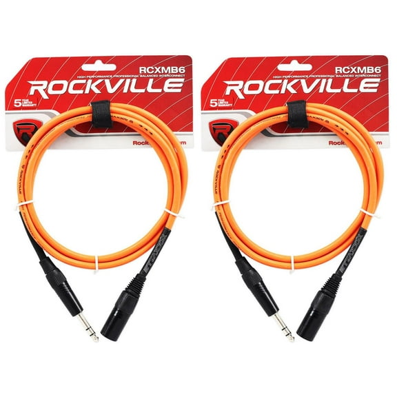 2 Rockville RCXMB6-O Orange 6' Male REAN XLR to 1/4'' TRS Balanced Cables