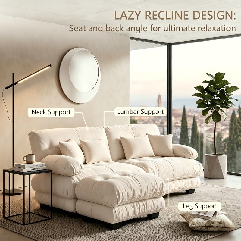 ANPPORT Cloud Couch Sleeper Sofa, Chenille Light Coffee 2-Seater Modular Sofa with 1 Ottomans, 2 Lumbar pillows,2 Pillows, Comfy Deep Seat Cloud Sofa, Convertible L-Shaped Floor Couch for Living Room