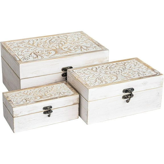 MODE HOME 3 Piece Tree of Life Carved Wooden Keepsake Boxes with Lids, Decorative Storage Boxes for Home Decor, Trinket Box for Jewelry and Memorabilia