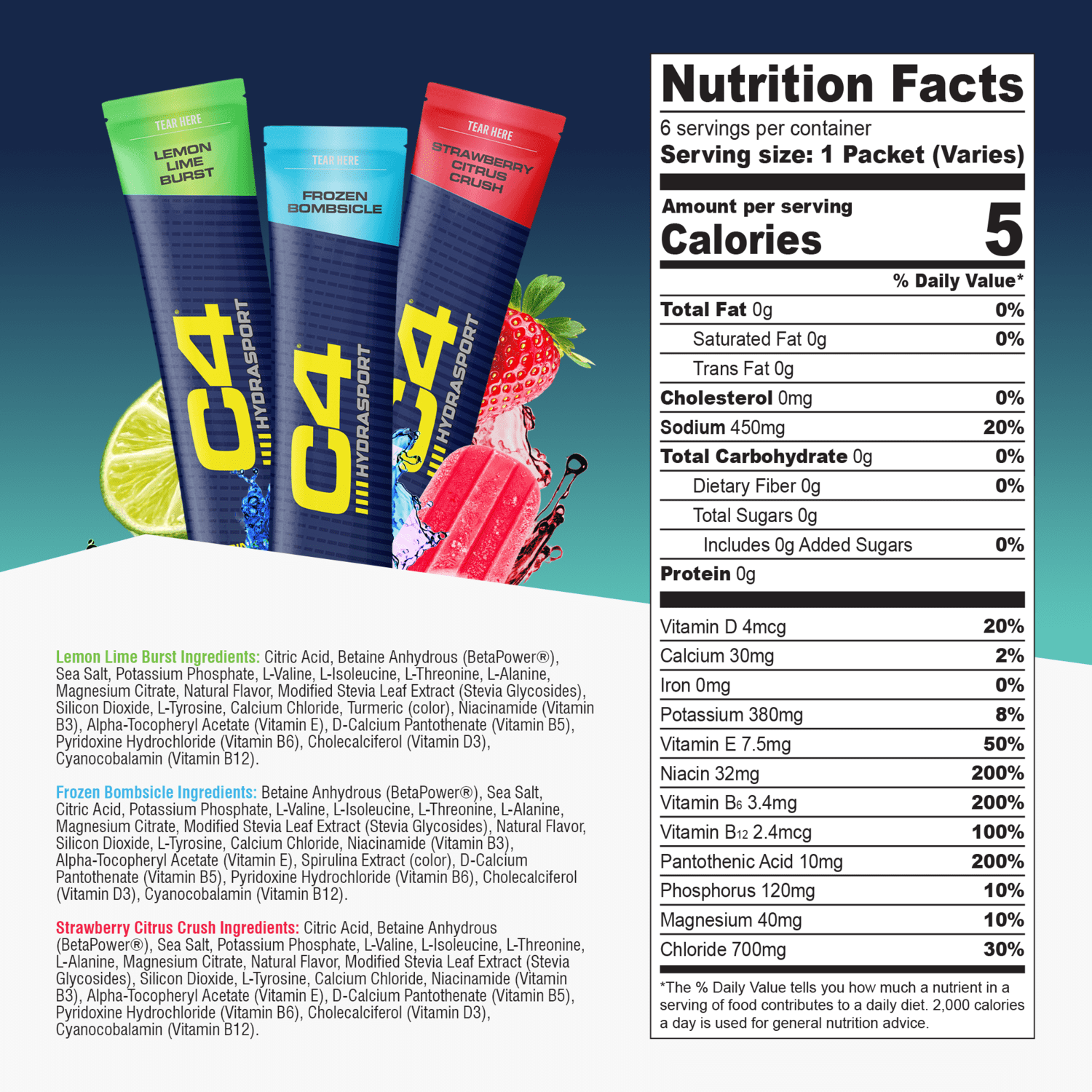 C4 Performance Hydration Powdered Electrolyte Drink Mix, Hydrasport Variety pack, 6 Count