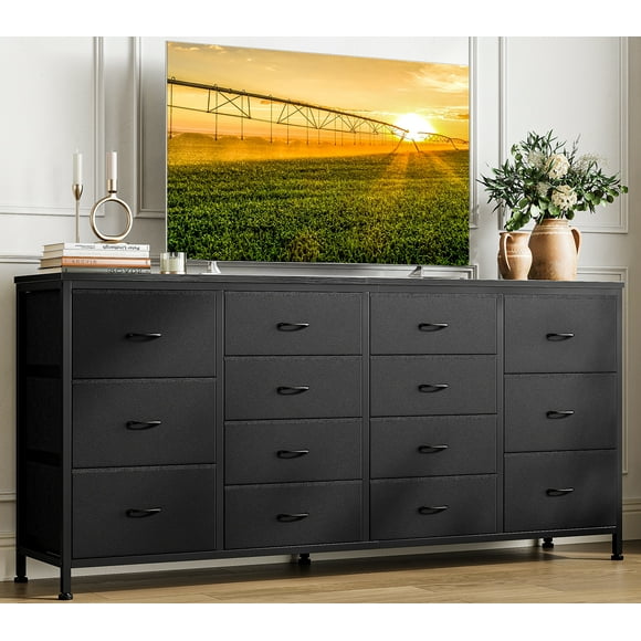 Cómoda Recibidor con 14 Cajones, Soporte TV 63" y Tomas de Corriente – Mueble Multiusos - Tapizado en tela y cuero negro