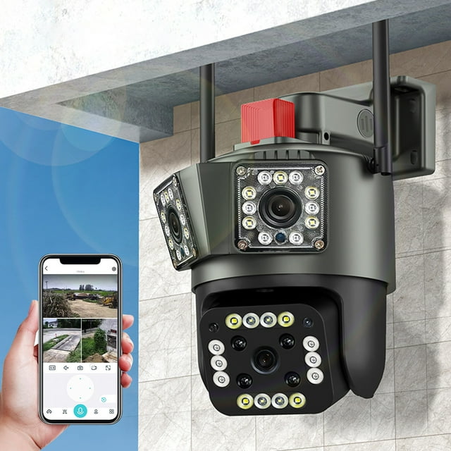 Electrónica, Hogar inteligente, Cámara, Cámara panorámica de tres lentes con movimiento e inclinación, 6 MP, red wifi de alta definición, seguimiento humanoide inteligente, visión nocturna nítida, aud