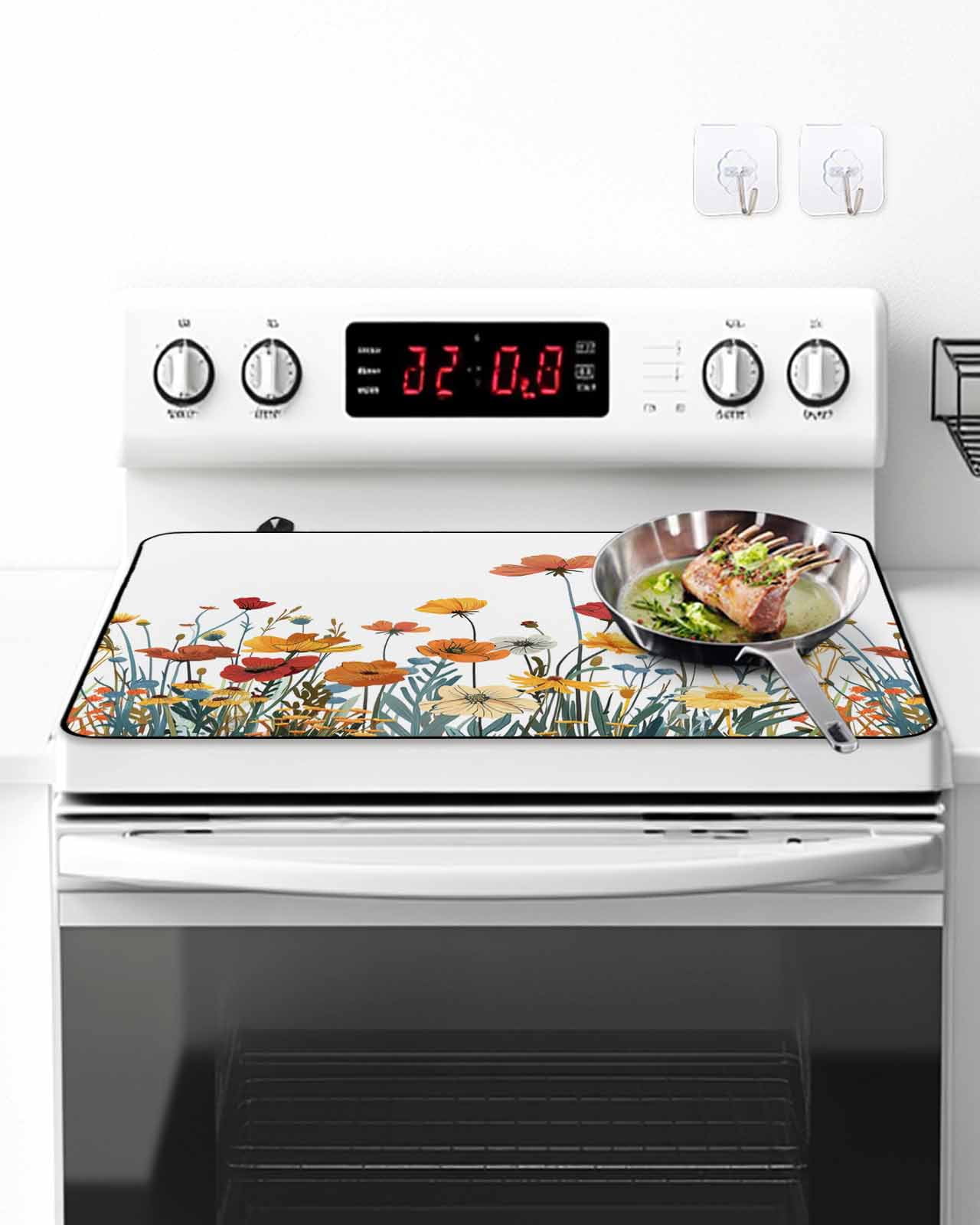 Stove Top Covers for Electric Stove, Spring Floral Glass Stovetop Cover Protector, Watercolor Elegant Botanical Summer Induction Cooktop Protector Oven Mat for Kitchen Countertop 24"x21"