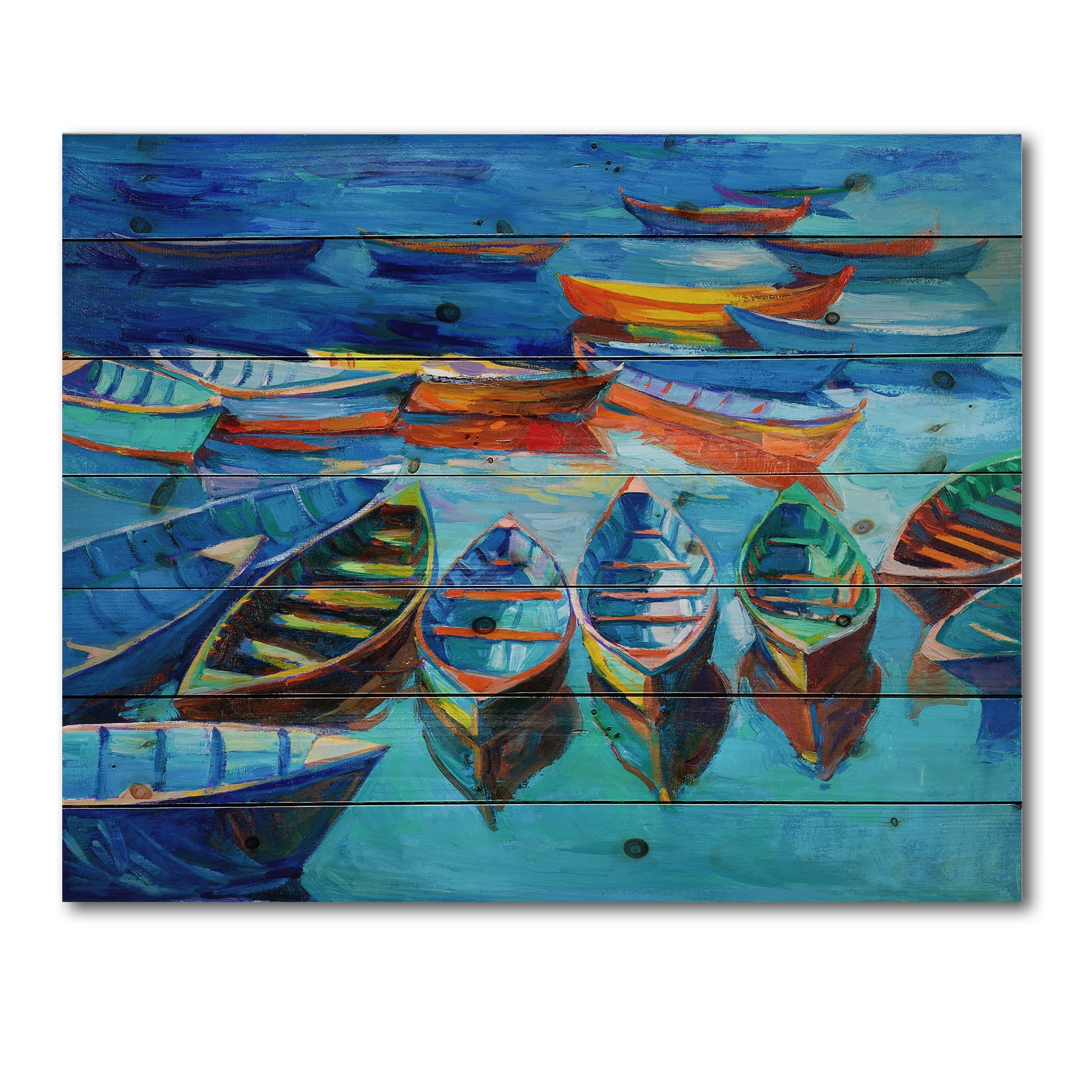 Designart 'Little Boats Wating In The Blue Harbour' Nautical & Coastal Print on Natural Pine Wood