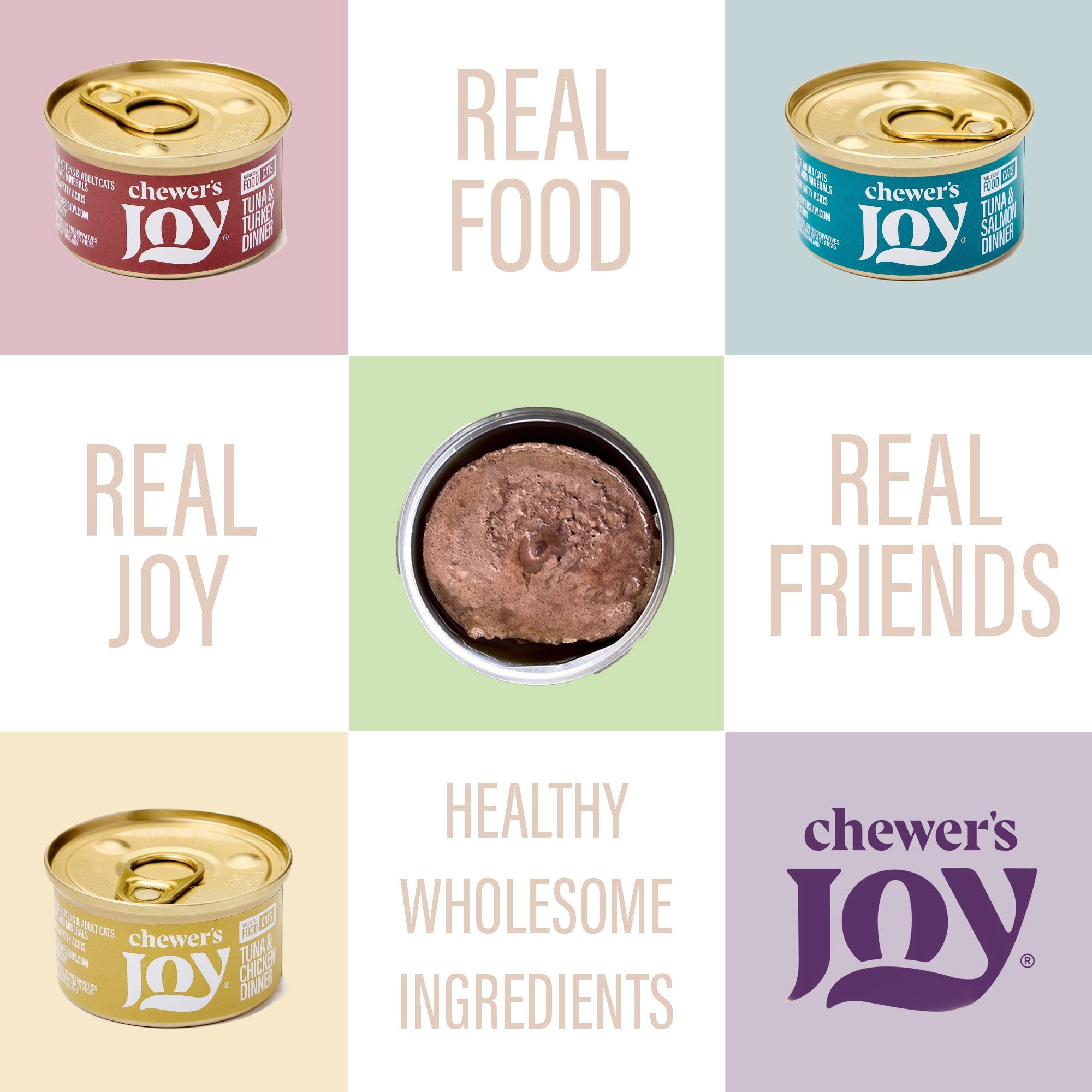 Chewer's Joy Tuna & Salmon, Tuna & Turkey, Tuna & Chicken Wet Cat Food Variety Pack, High Protein, 12 Cans (85g)
