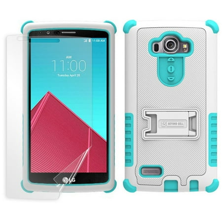 BEYOND CELL WHITE/TURQUOISE TRI-SHIELD RUGGED SOFT SKIN HARD CASE COVER WITH KICKSTAND + SCREEN PROTECTOR FOR LG G4 PHONE  (F500, H810, H811, H815, LS991,