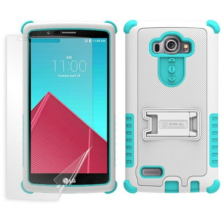 I617 Cell Phone Skins - BEYOND CELL WHITE/TURQUOISE TRI-SHIELD RUGGED SOFT SKIN HARD CASE COVER WITH KICKSTAND + SCREEN PROTECTOR FOR LG G4 PHONE (F500, H810, H811, H815, LS991, VS986)