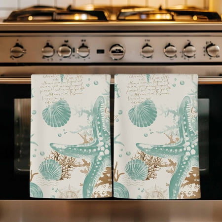 Aqua Coastal Starfish Kitchen Towels Set of 2 Farmhouse Nautical Seahorse Coral Absorbent Dish Towels for Kitchen Microfiber Hand Towel Quick Drying Tea Towel for Cleaning Decorative Dishcloths
