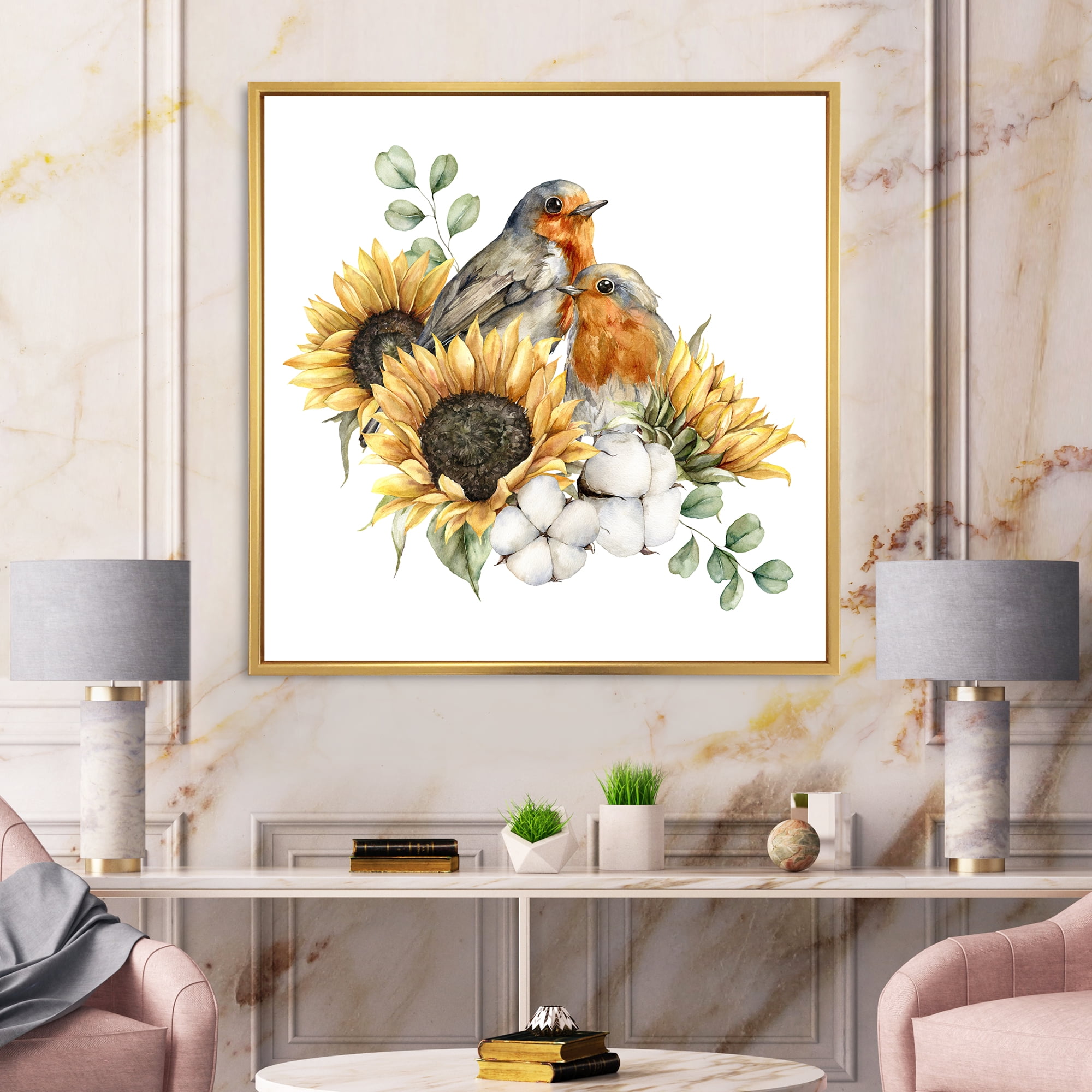 Designart 'Autumn Bouquet With Robin Redbreasts Sunflowers Cotton' Traditional Framed Canvas Wall Art Print
