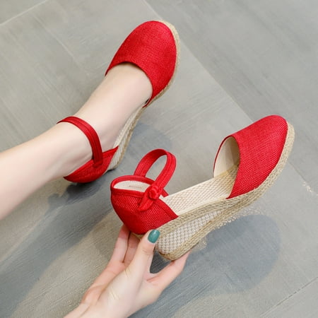 

HIMIWAY Wedge Sandals for Women Womens Sandalias Wedges Comfortable Pointed Hemp Rope Weaving Casual Shoes Red 35