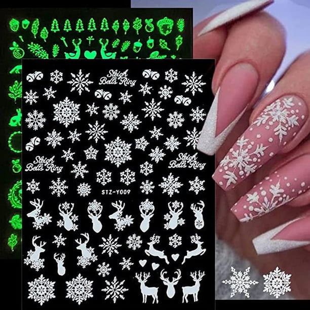 hojas de pegatinas navideñas para decoración de uñas, calcomanías luminosas 3D para decoración de uñas navideñas, diseños autoadhesivos para uñas, copos de nieve navideños, muñeco de nieve, alce, Pap