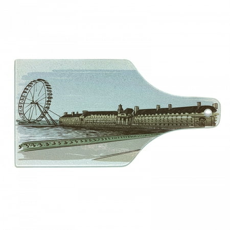 

London Cutting Board Historical Building Thames River Ferris Wheel Colorful Pencil Drawing Art Print Decorative Tempered Glass Cutting and Serving Board Wine Bottle Shape Multicolor by Ambesonne