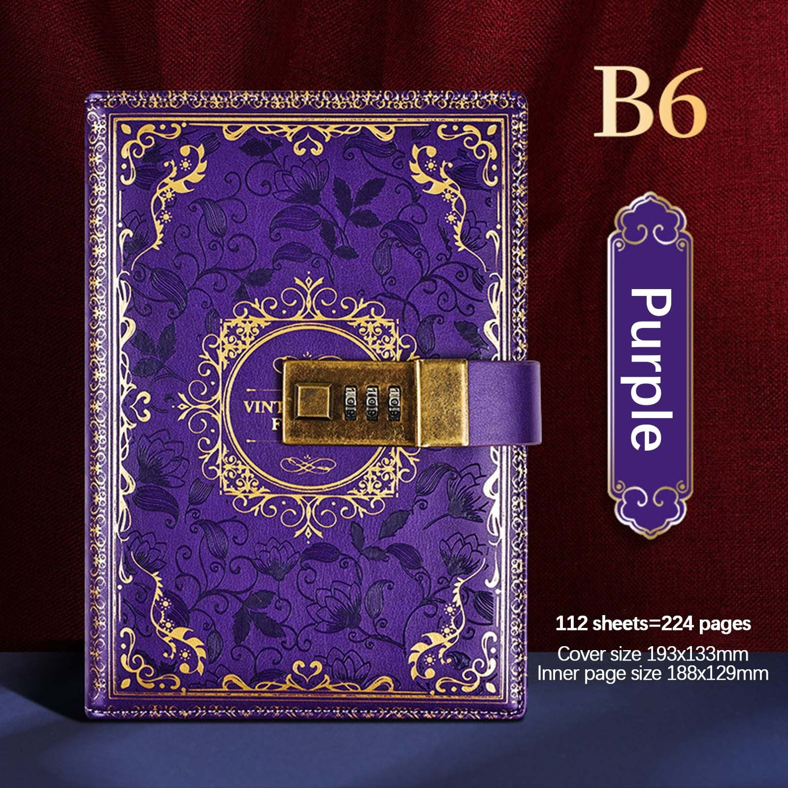 Nkmbld College Ruled Notebook Vintage B6 Notebook Password-Protected Journal Lockable Diary Notebook for Work, Travel and Notes, Purple