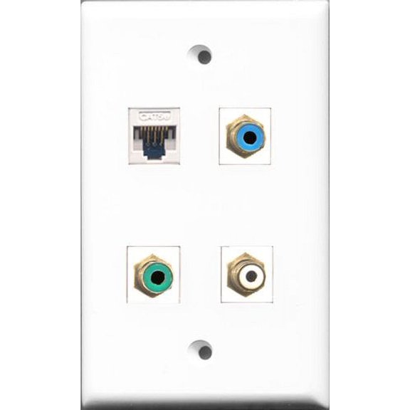 RiteAV 1 Port RCA White and 1 Port RCA Green and 1 Port RCA Blue and 1 Port Cat5e Ethernet White Wall Plate