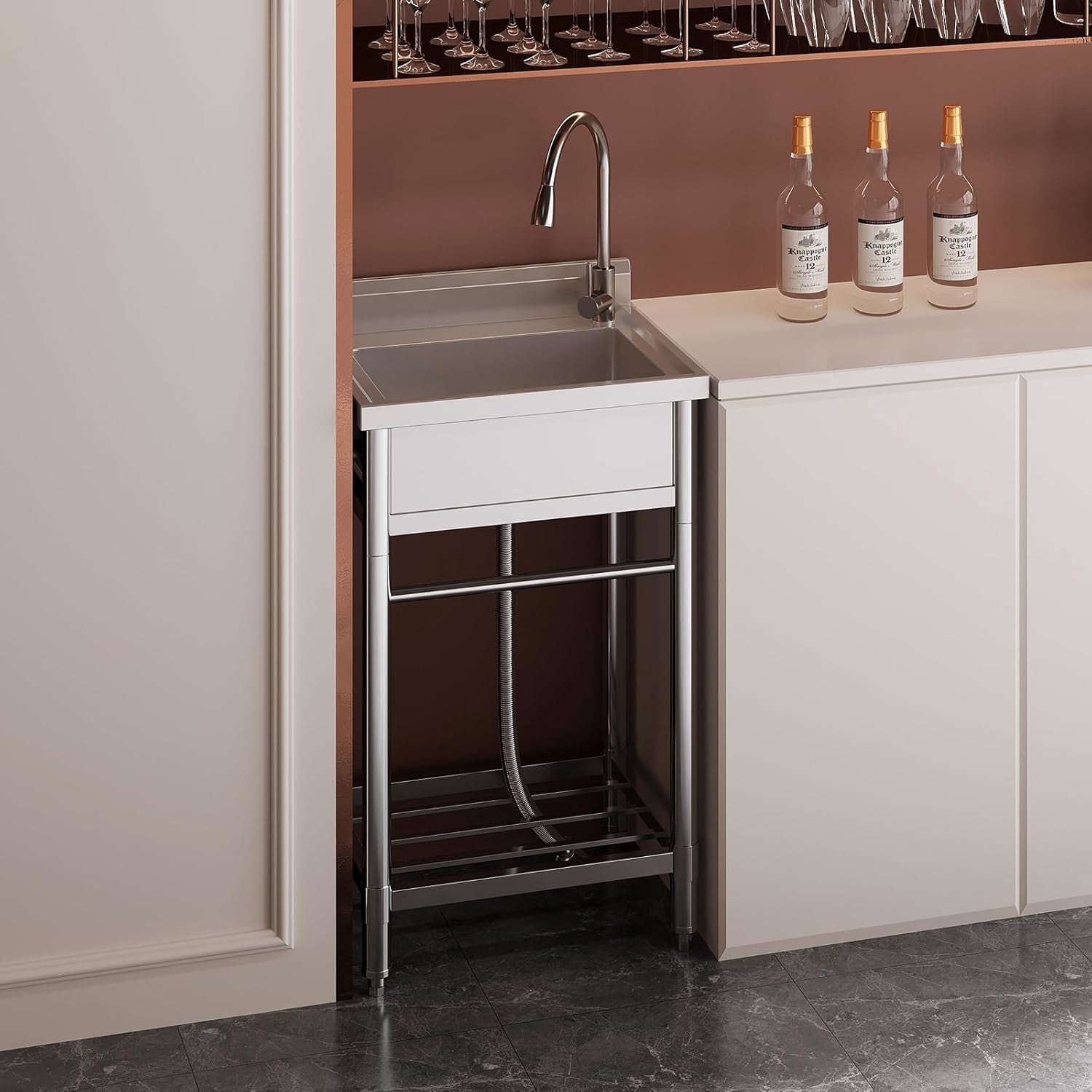 AOILE Free Standing Stainless Steel Sink, Utility Sink with Faucet & Storage Shelf for Kitchen, Garage