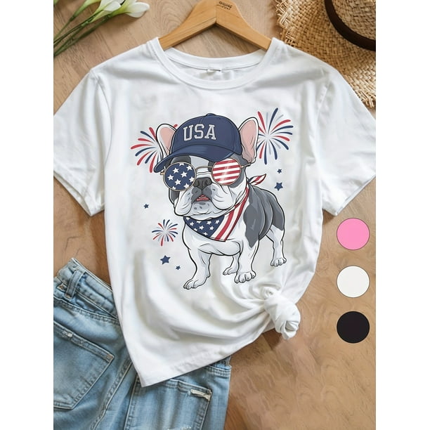 Boys and Girl 4th of July Patriotic USA Girls Cotton T-Shirt - Cute French Bulldog with USA Flag Fashion Glasses & Fireworks Design, Loose Fit Youth Short Sleeve Tee for Independence Celebrations