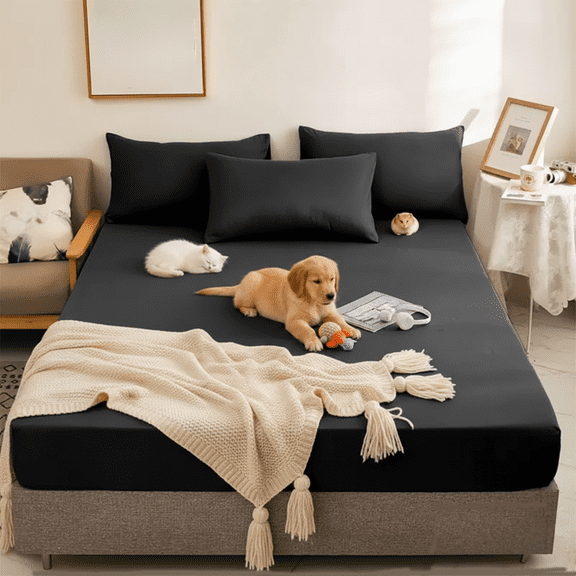 AuroraX Cotton Bed Sheets Stain Resistant Soft Queen Slip Resistant Fitted Sheets Black Skin Breathable Antis Slip Bedding for Home