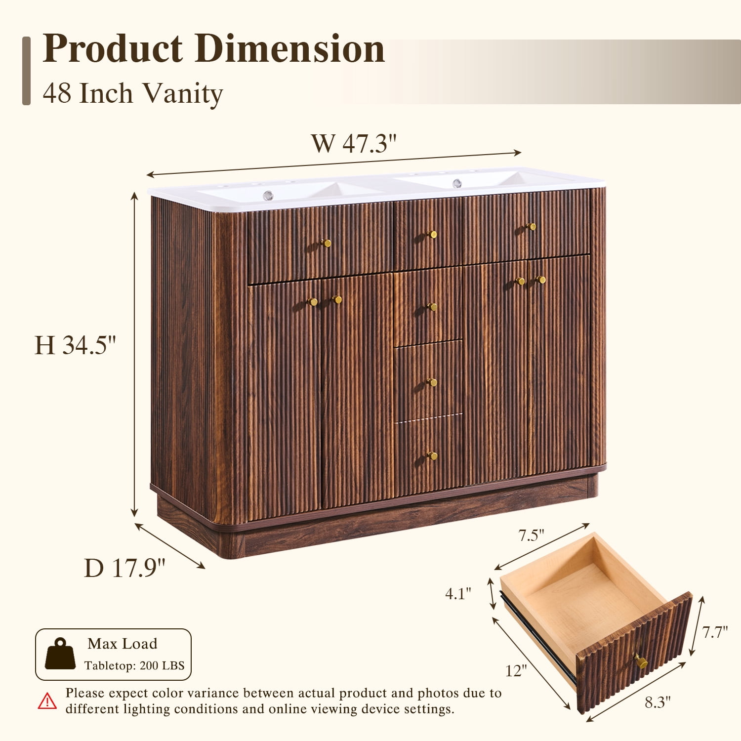 Keywhat 48" Bathroom Vanity with Sink, Modern Fluted Vanity with 2 Drawers & Storage Cabinet, Quick Assembly, Dark Walnut
