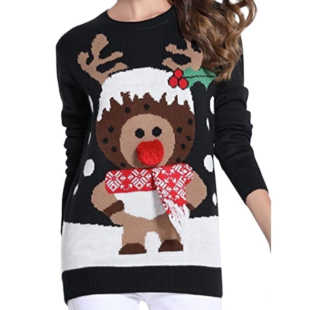 Lucakuins Suéter navideño divertido para mujer, suéter de punto suelto con estampado de cuerda de alce/linterna de dibujos animados, suéter de cuello redondo de manga larga Lucakuins moda