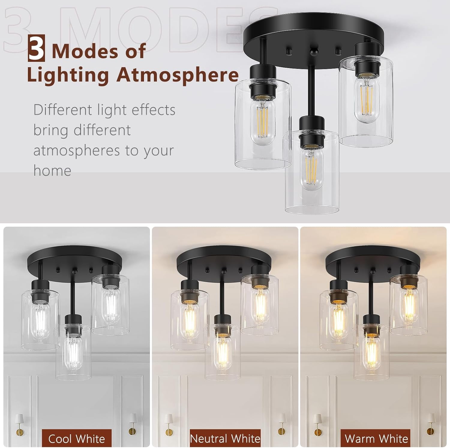 Licperron Farmhouse 3-Light Black Flush Mount Ceiling Light Fixtures with Clear Glass Shades