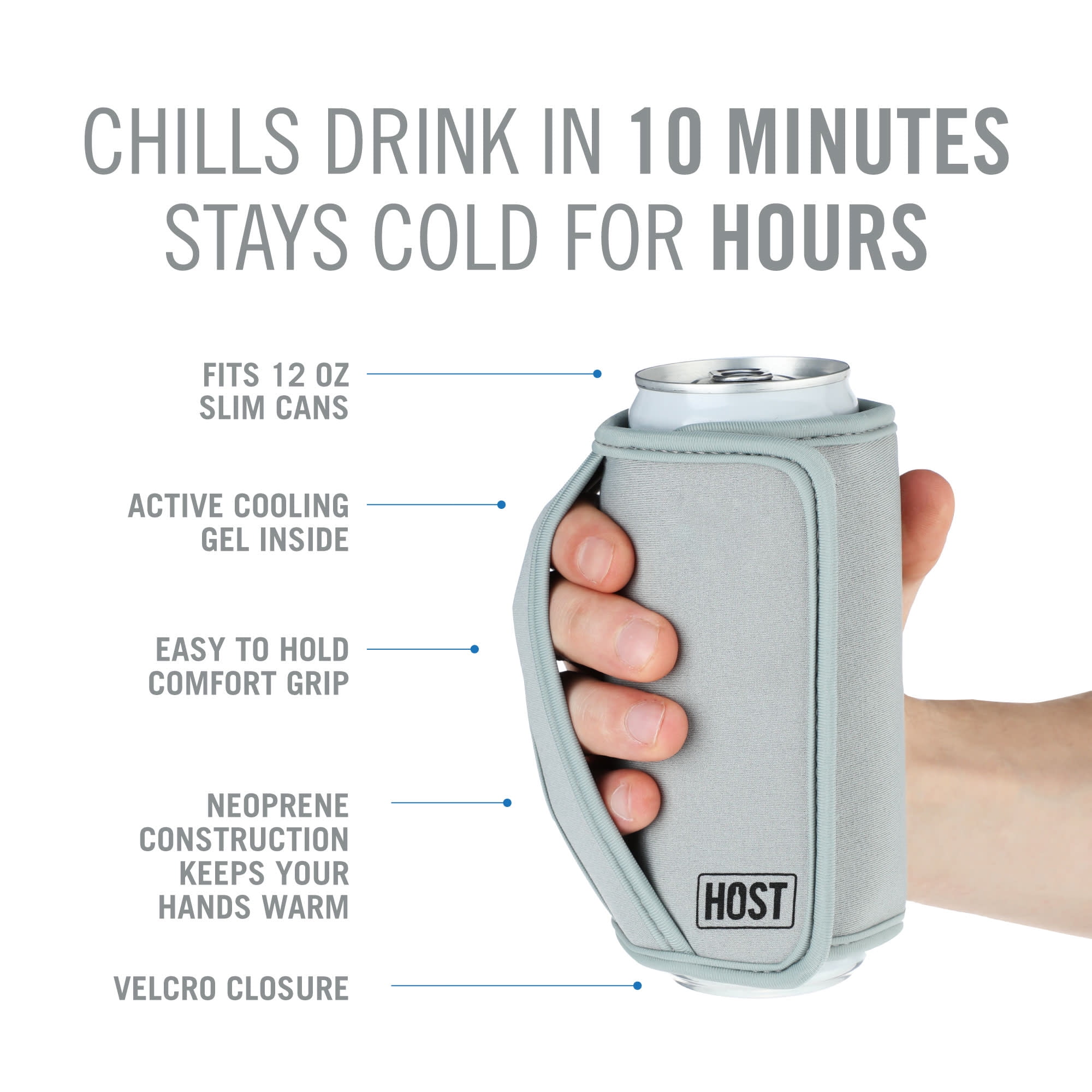 Host Insta-Chill Slim Can Sleeve for Beer, Soda, Seltzer, Juice Cans, Gray