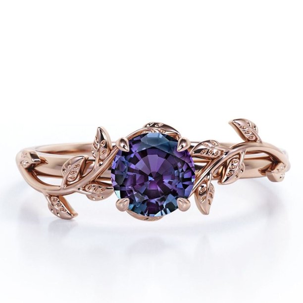 JeenMata Anillo de Compromiso con Solitario de Alejandrita de Corte Redondo de 0,50 Quilates Creado en Laboratorio con Diseño Bohemio en Baño de Oro Rosa de 18 K sobre Plata