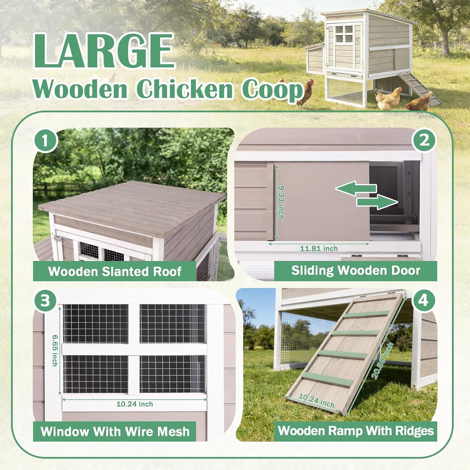 PETSCOSSET Wooden Chicken Coop, Elevated Hen House with 3-Compartment Nesting Box