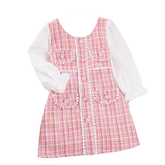LYMAYTER Girls Tweed Plaid Dress Toddler Square Neck Puff Long Sleeve Dress Casual Party Princess Dress
