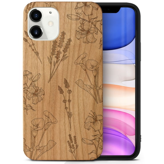 Case Yard Wooden Case Outside Soft TPU Silicone, Slim Fit Shockproof Wood Protective Phone Cover for Girls Boys Men and Women, Supports Wireless Charging Flowers X Design case for iPhone-11