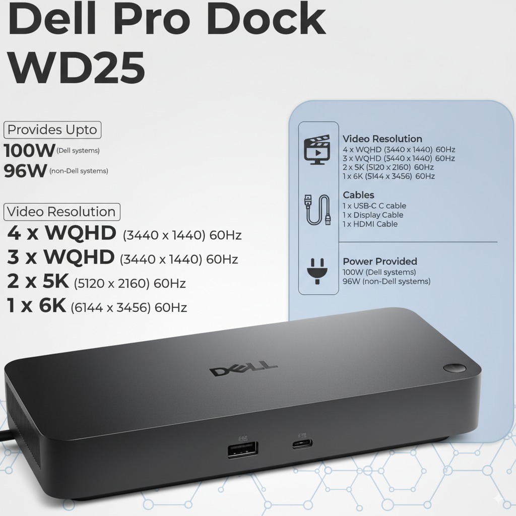 Dell WD25 Pro Dock - Universal 100W USB-C Docking Station Bundle with HDMI Cable and Ties (3 Items)