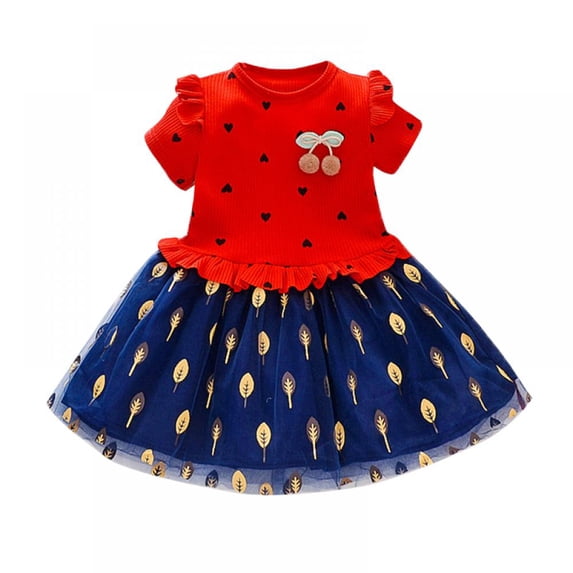 1-8T Baby Girls Short Sleeve Patchwork Tulle Dress Kids Toddler Heart Leaves Pattern Princess Sundress