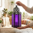 thumbnail image 6 of Moroccan Metal Candle Lantern Holder with LED Fairy String Lights, Large, Purple, 6 of 14