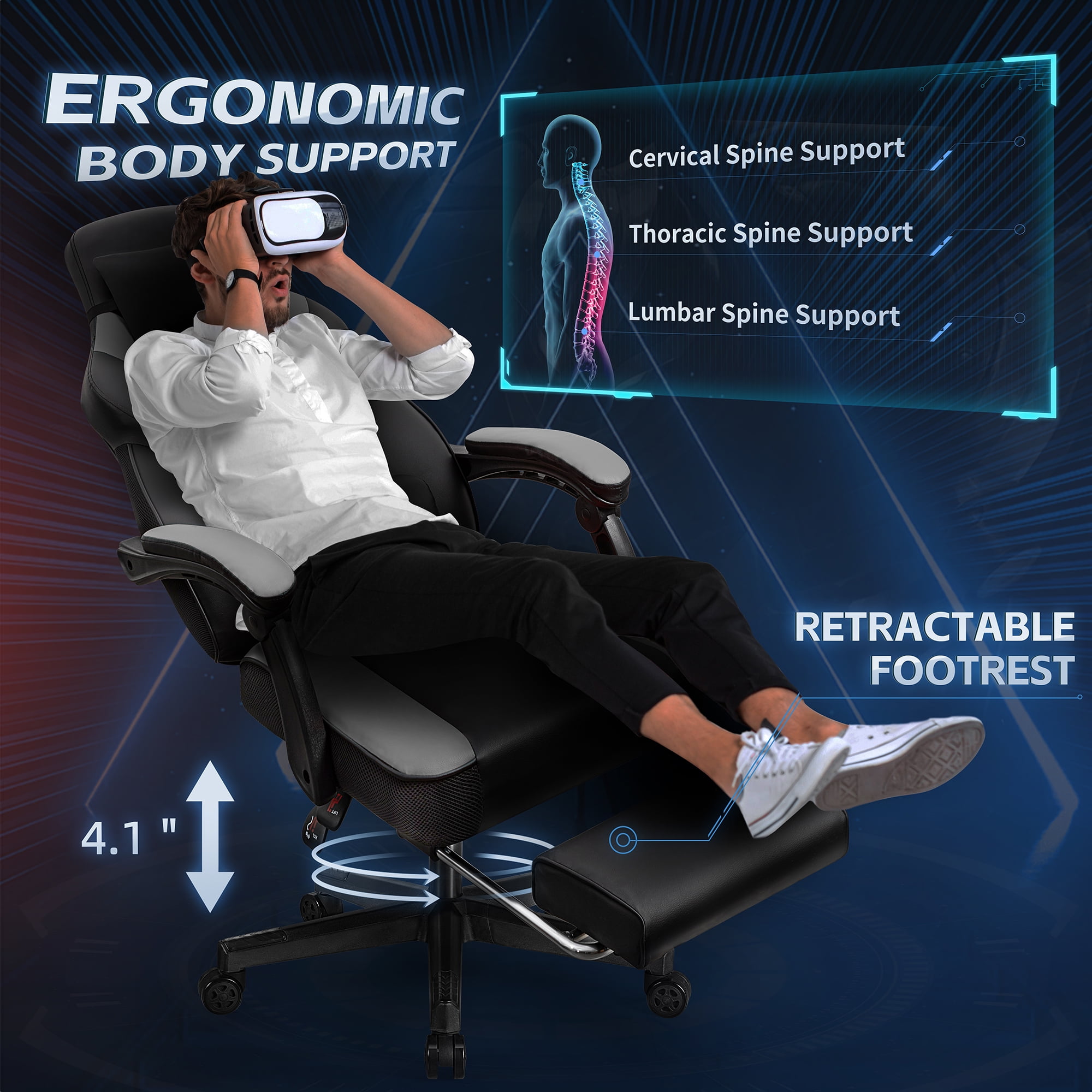 Walsunny Ergonomic Gaming Chair with Adjustable Footrest and Massage Leather Game Chair large gaming chair with Headrest and Lumbar Support for Adults, Gray