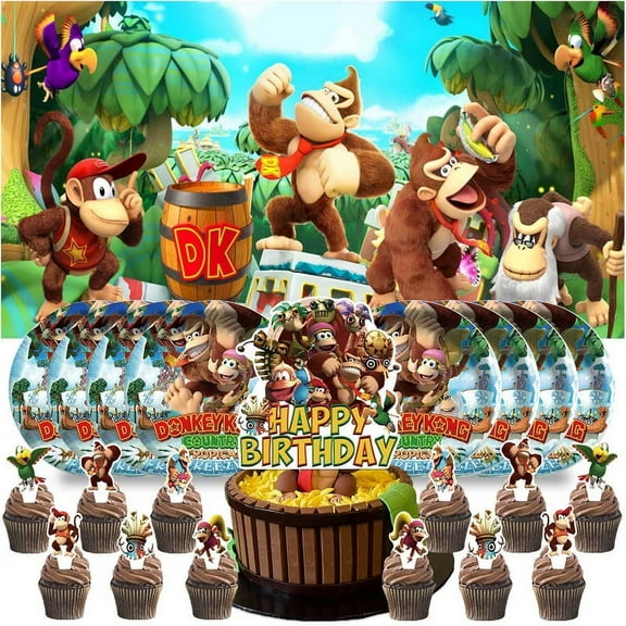 Donkey Kong Country Birthday Supplies Plates Decorations Decor Backdrop Banner Cake Topper Fans