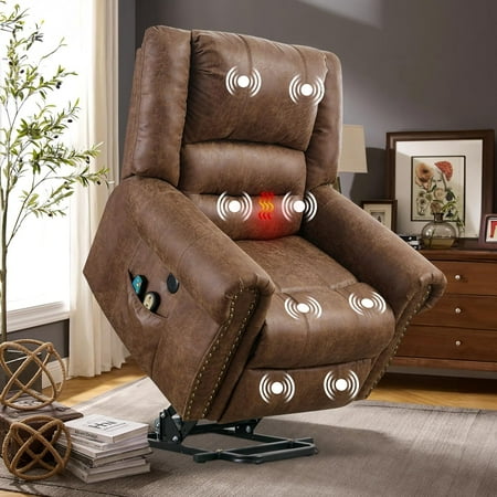 VIVIJASON Electric Power Lift Recliner Chair for Elderly, Heated Vibration Recliners Chair Massage Lounge Single Sofa Living Room Chair with 2 Remote Controls, Side Packets & USB Port, Nut Brown