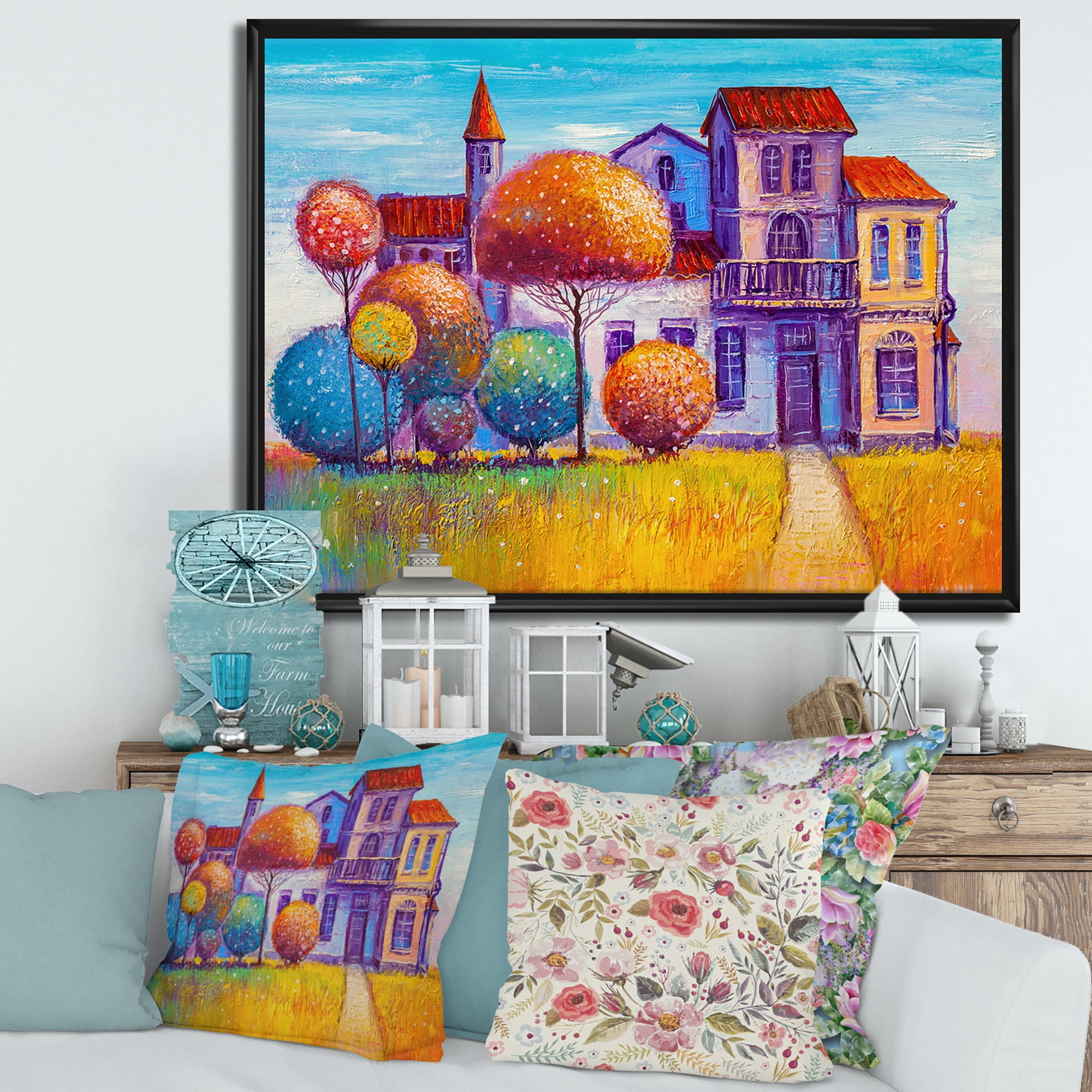 Designart 'Abstract Colorful House In The Fairy Tale VIllage' Traditional Framed Canvas Wall Art Print