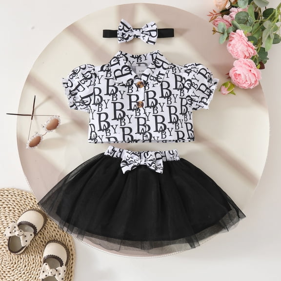 SONGGE Toddler Girls Short Sleeve Letter Prints Coat Tops Skirts Outfit Sets Back To School Versatile Clothing Sets