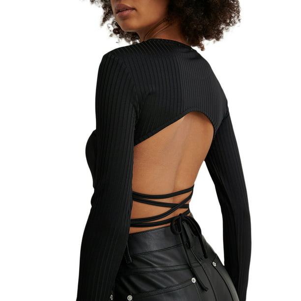 AMILIEe Long Sleeve Crop Top Cropped Shirt Top Blouse Back Tie Tops Streetwear - Walmart.com
