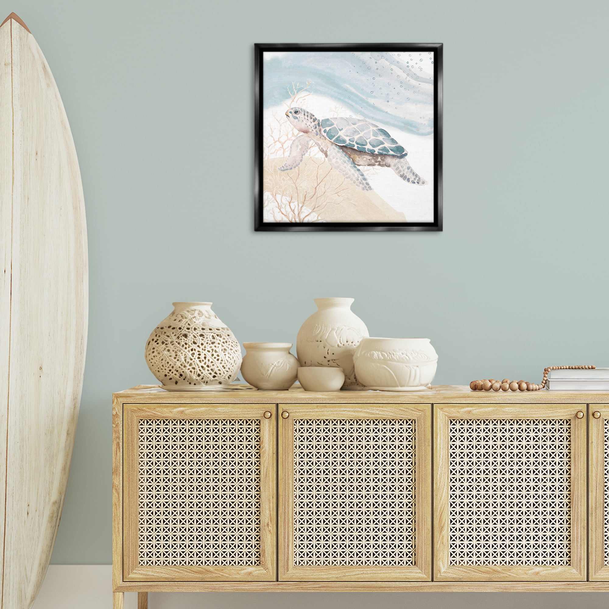 Stupell Industries Swimming Aquatic Turtle Animals & Insects Painting Black Floater Framed Canvas Art Print Wall Art, 25 x 25