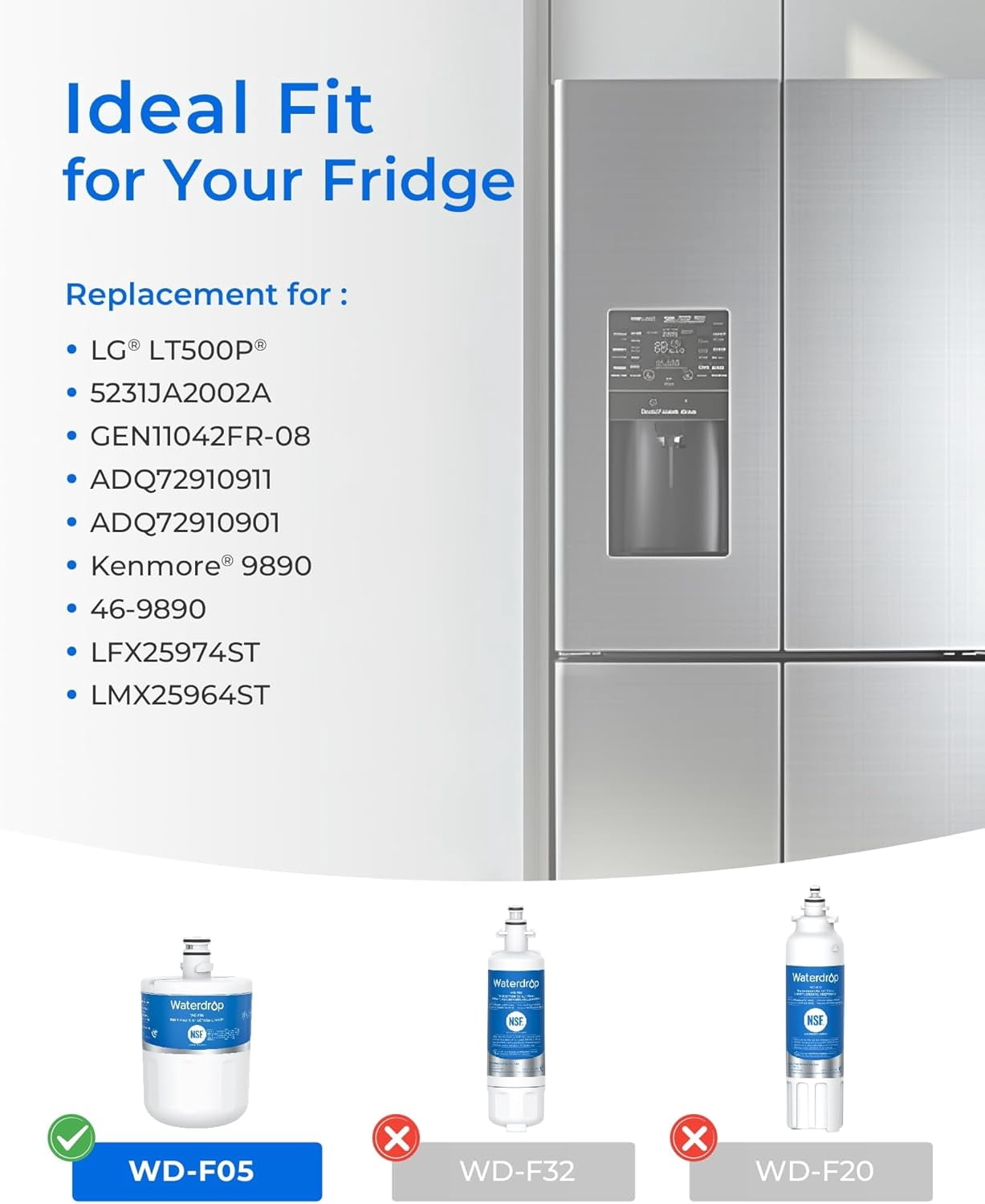 Waterdrop 5231JA2002A Refrigerator Water Filter, Replacement for LG® LT500P®, GEN11042FR-08, ADQ72910911, ADQ72910901, Kenmore 9890, 46-9890, LFX25974ST, LMX25964ST, 6 Pack (Pack may vary)