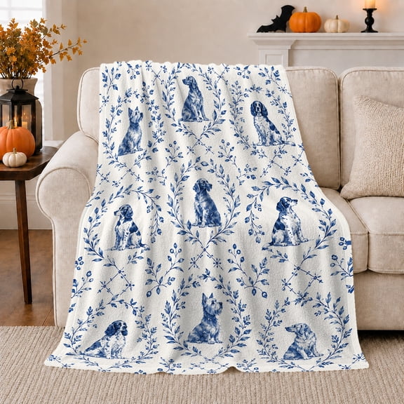 Blue Dog Wreath Pattern in Porcelain Toile Style for Dog Lovers, Botanical Vine Dog Scene, Cozy Flannel Blanket for Bedroom and Living Room, Birthday Gift, Dog Home Decor
