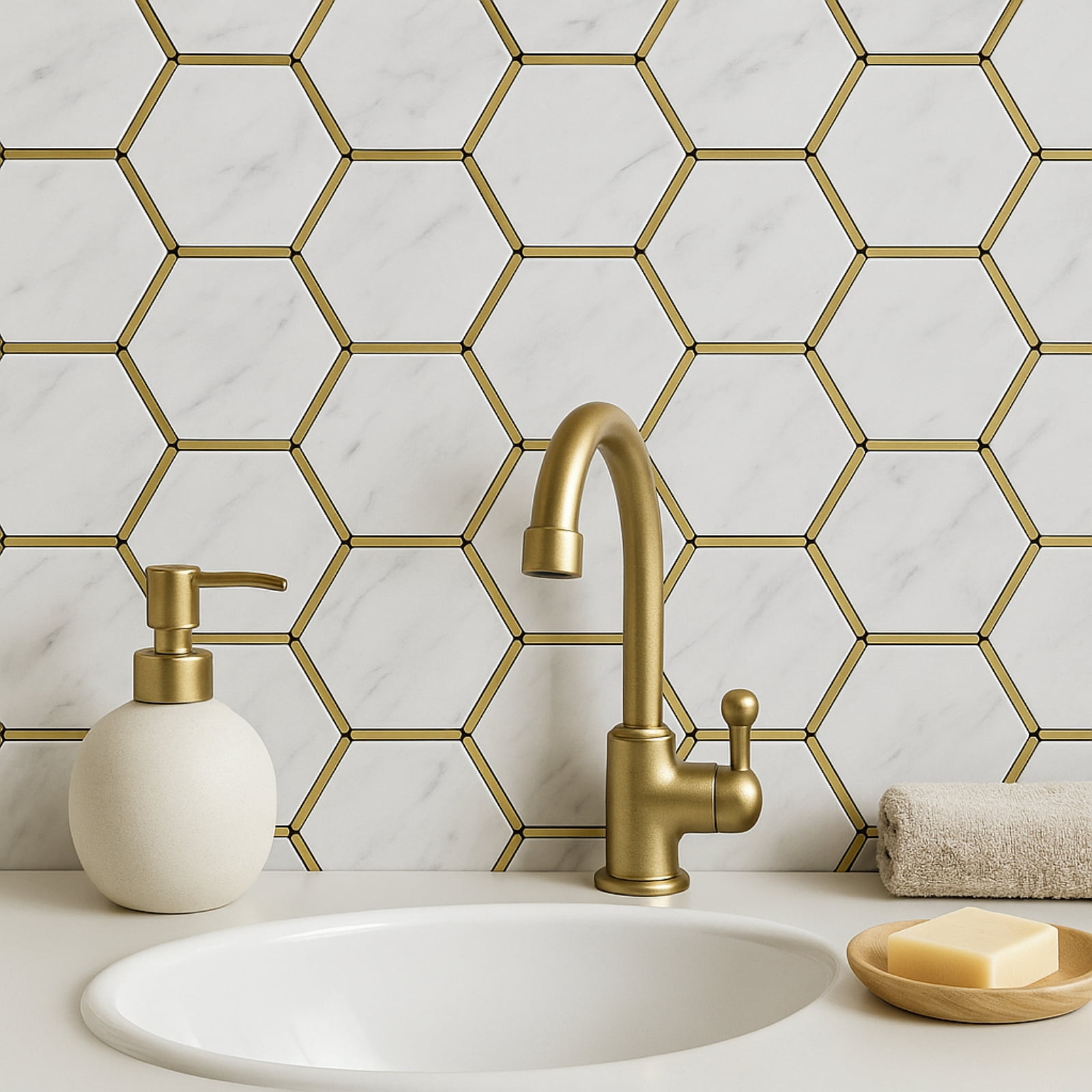 10 Pcs Hexagon Peel and Stick Tile Backsplash, PVC Self-Adhesive White Marble Effect with Gold Accents, Easy Install for Kitchen and Bathroom, Waterproof, Heat-Resistant, Ideal for TV Wall and More