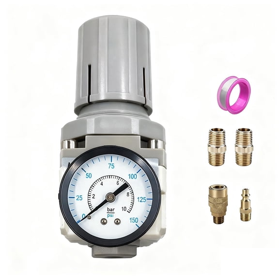 1/4" NPT Air Compressor Pressure Regulator, for Compressed Air Drying System, 0-150 PSI Gauge, 5 Micron Brass Element, AR2000-02 with Thread Seal Tape